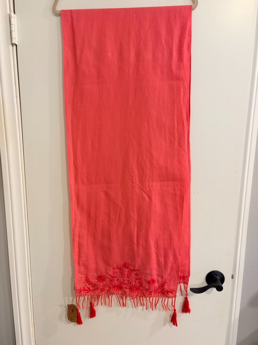 Lucky Brand Coral Pink Floral Embroidered Linen Cotton Scarf Fringe NWT